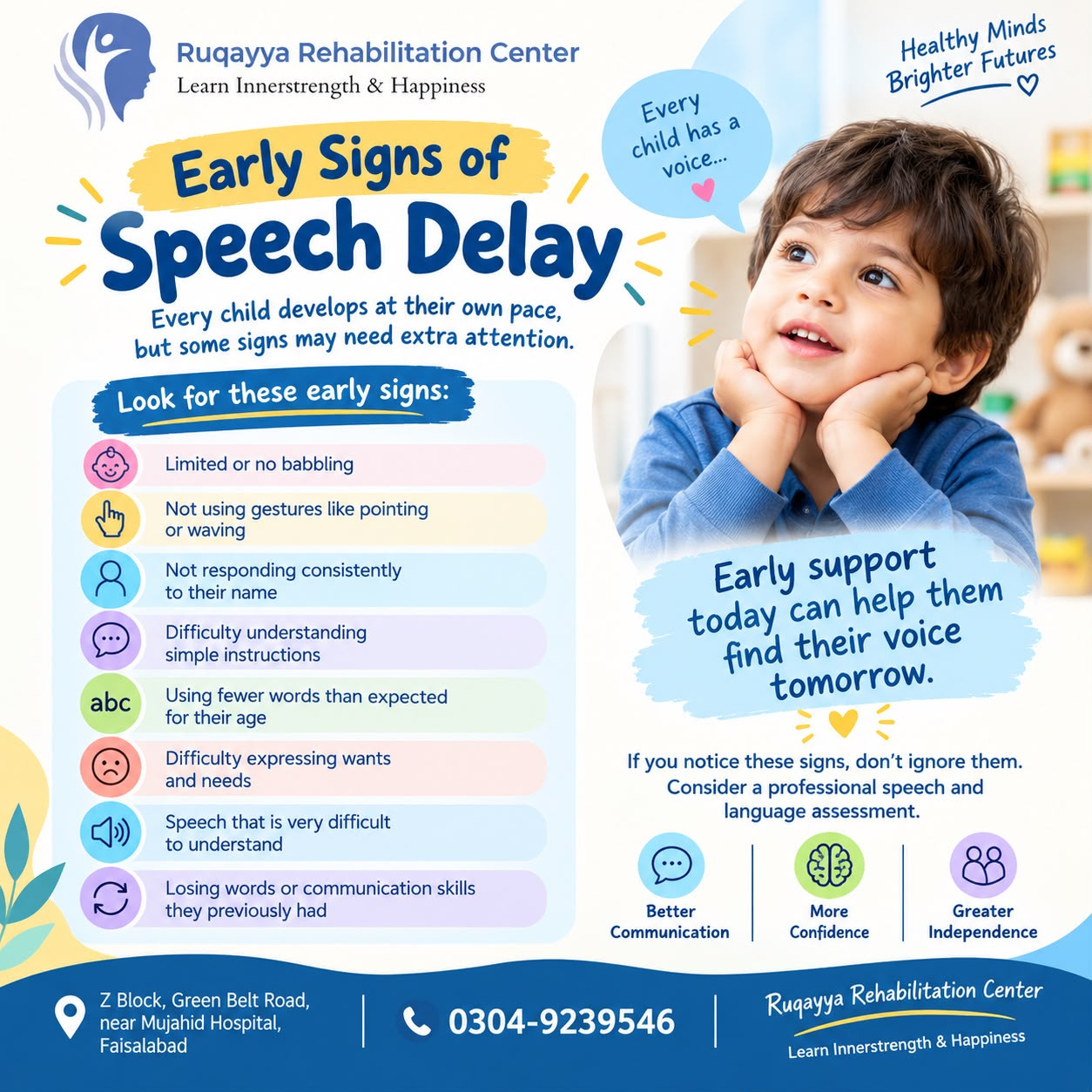 Is your child’s speech developing as expected? 👶💬
Speech delay can sometimes be difficult to recognize. Look out for signs such as limited vocabulary, difficulty expressing needs, unclear speech, trouble following simple instructions, or not using gestures/words to communicate.
✨ Early identification + timely professional support can make a meaningful difference.
Every child develops at their own pace, but concerns about communication are worth discussing with a professional.
📍 Ruqayya Rehabilitation Center
📞 0304-9239546
📌 Z Block Green Belt Road, near Mujahid Hospital, Faisalabad
Learn Inner Strength & Happiness 💙